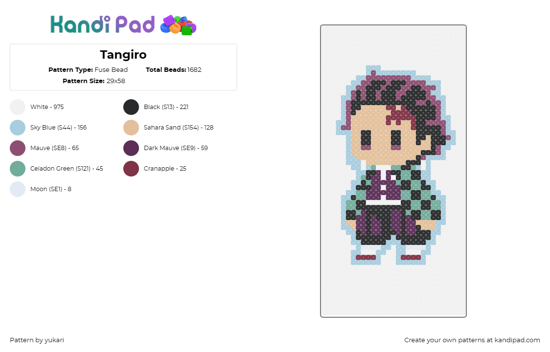 Tangiro - Fuse Bead Pattern by yukari on Kandi Pad - tanjiro kamado,demon slayer,kimetsu no yaiba,anime,character,beige,red,green,purple