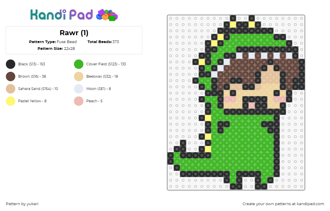 Rawr (1) - Fuse Bead Pattern by yukari on Kandi Pad - dinosaur,costume,playful,prehistoric,adorable,figure,green