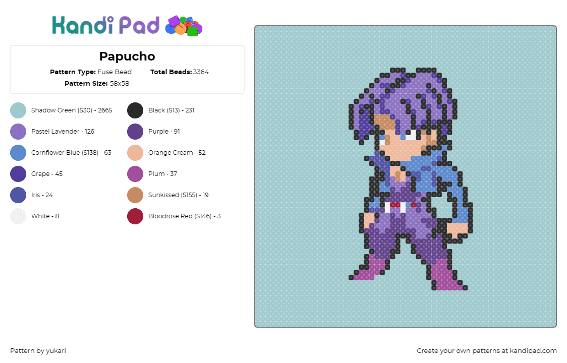 Papucho - Fuse Bead Pattern by yukari on Kandi Pad - handsome,anime,character,8bit,purple,teal