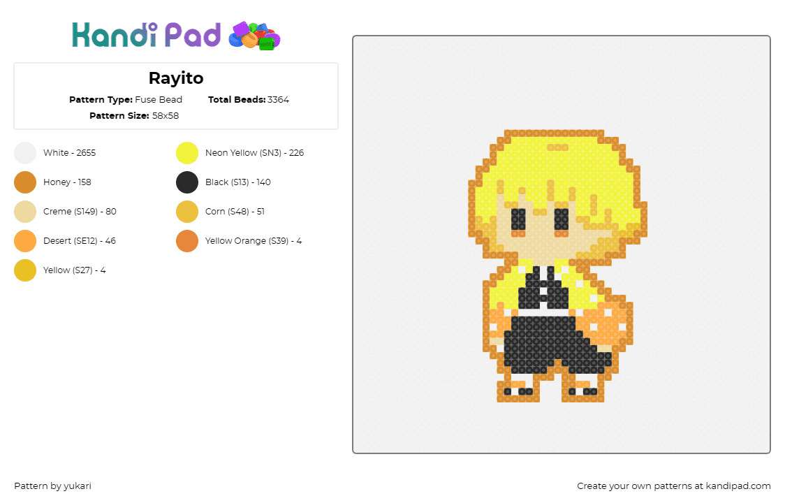 Rayito - Fuse Bead Pattern by yukari on Kandi Pad - rayito,demon slayer,kimetsu no yaiba,anime,chibi,character,blonde,yellow,black