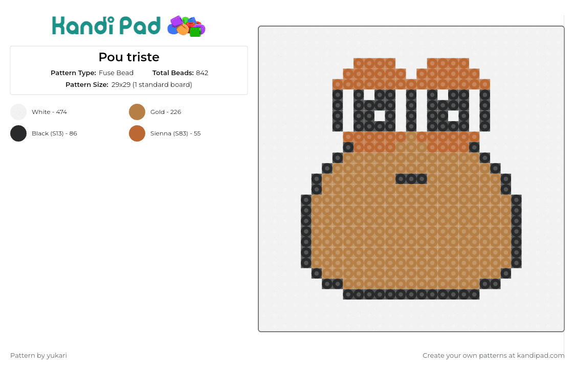 Pou triste - Fuse Bead Pattern by yukari on Kandi Pad - pou,pet,virtual,digital,video game,mobile,suspicious,character,brown