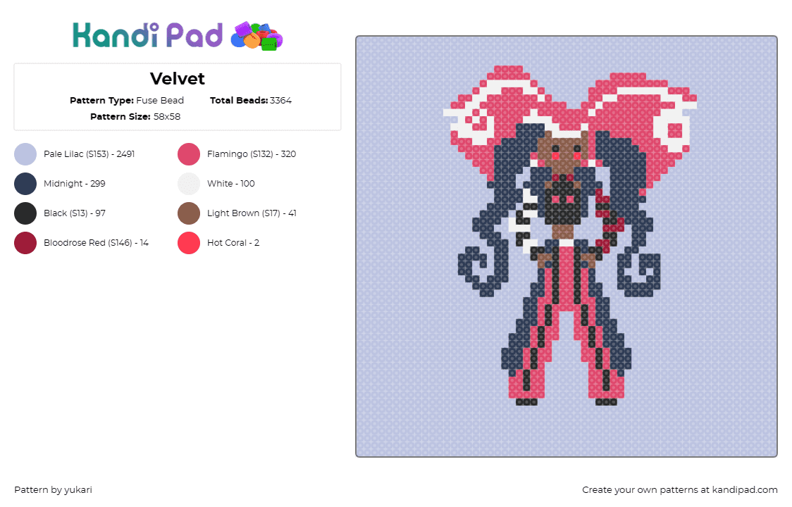 Velvet - Fuse Bead Pattern by yukari on Kandi Pad - velvette,hazbin hotel,character,tv show,animation,pink,purple