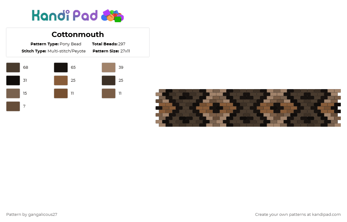 Cottonmouth - Pony Bead Pattern by gangalicous27 on Kandi Pad - snake,skin,cuff,geometric,animal,tan,brown
