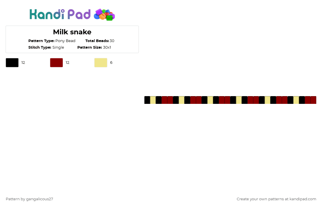 Milk snake - Pony Bead Pattern by gangalicous27 on Kandi Pad - yellow,red