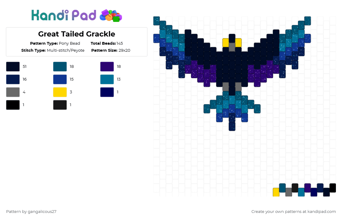 Great Tailed Grackle - Pony Bead Pattern by gangalicous27 on Kandi Pad - purple,blue