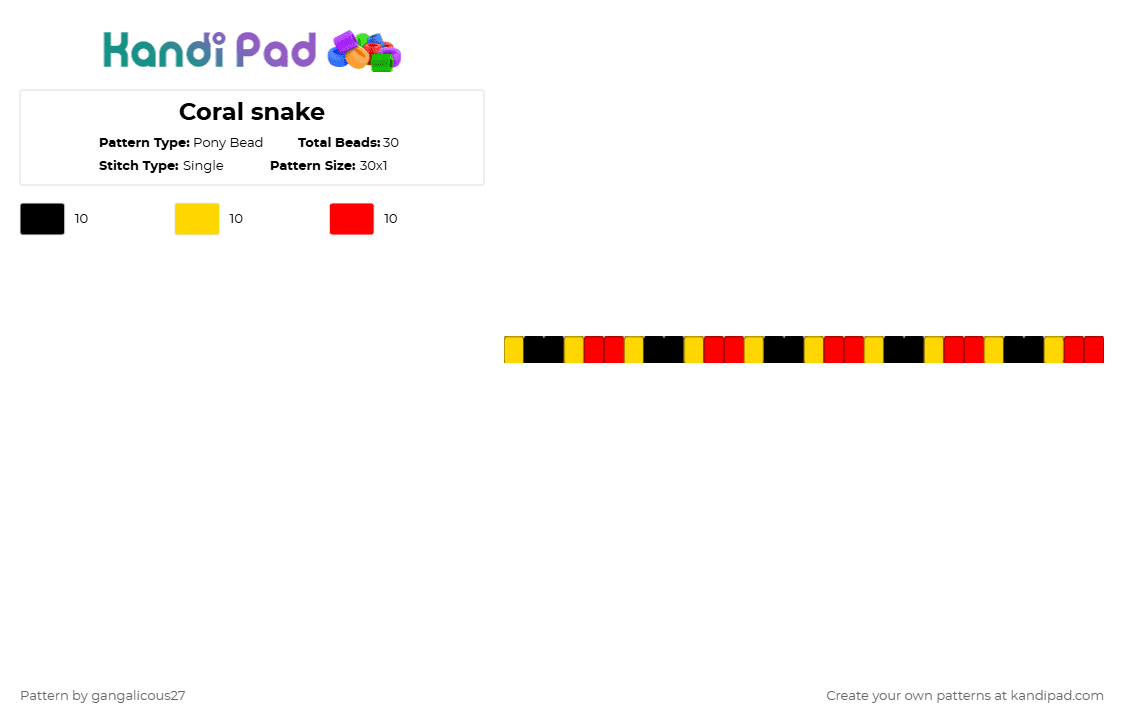 Coral snake - Pony Bead Pattern by gangalicous27 on Kandi Pad - yellow,red