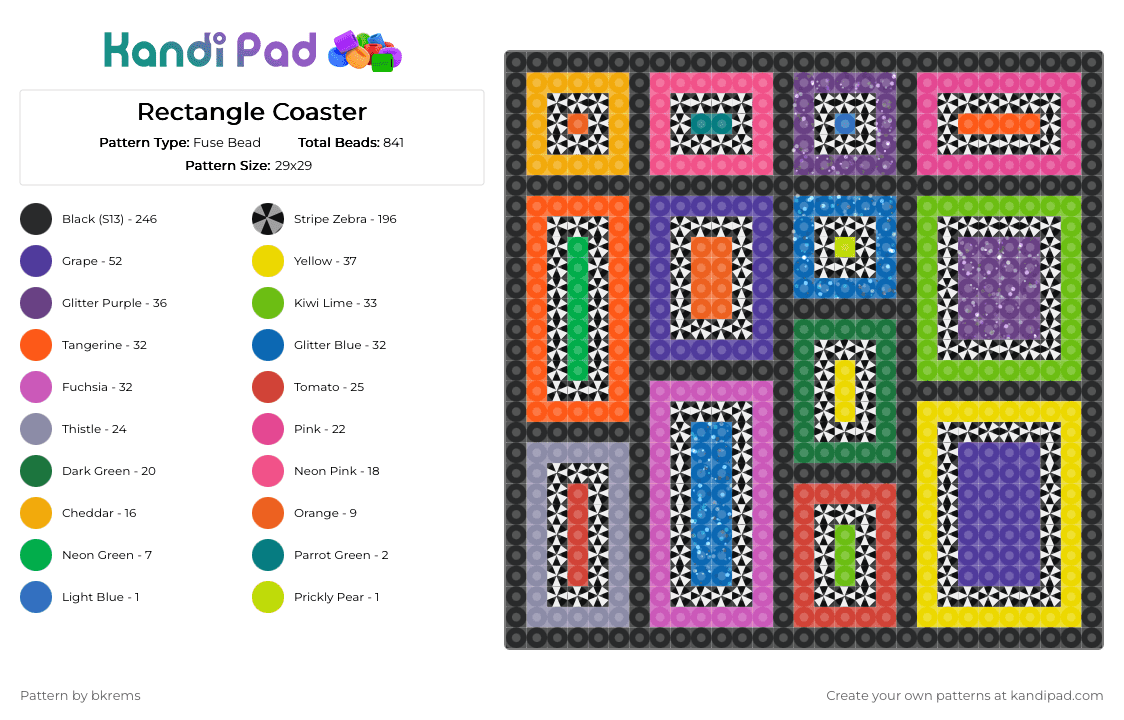 Rectangle Coaster - Fuse Bead Pattern by happy_hyrax161 on Kandi Pad - black, colorful, orange, pink