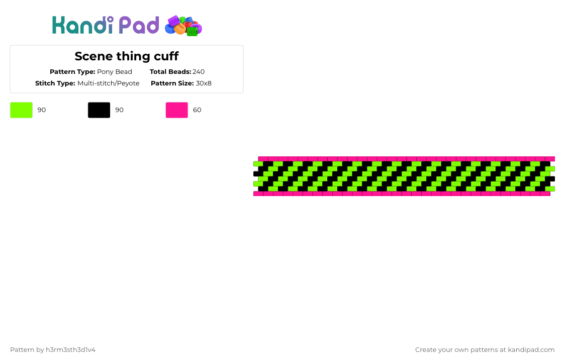 Scene thing cuff - Pony Bead Pattern by h3rm3sth3d1v4 on Kandi Pad - cuff, green, kandi, pink, scene