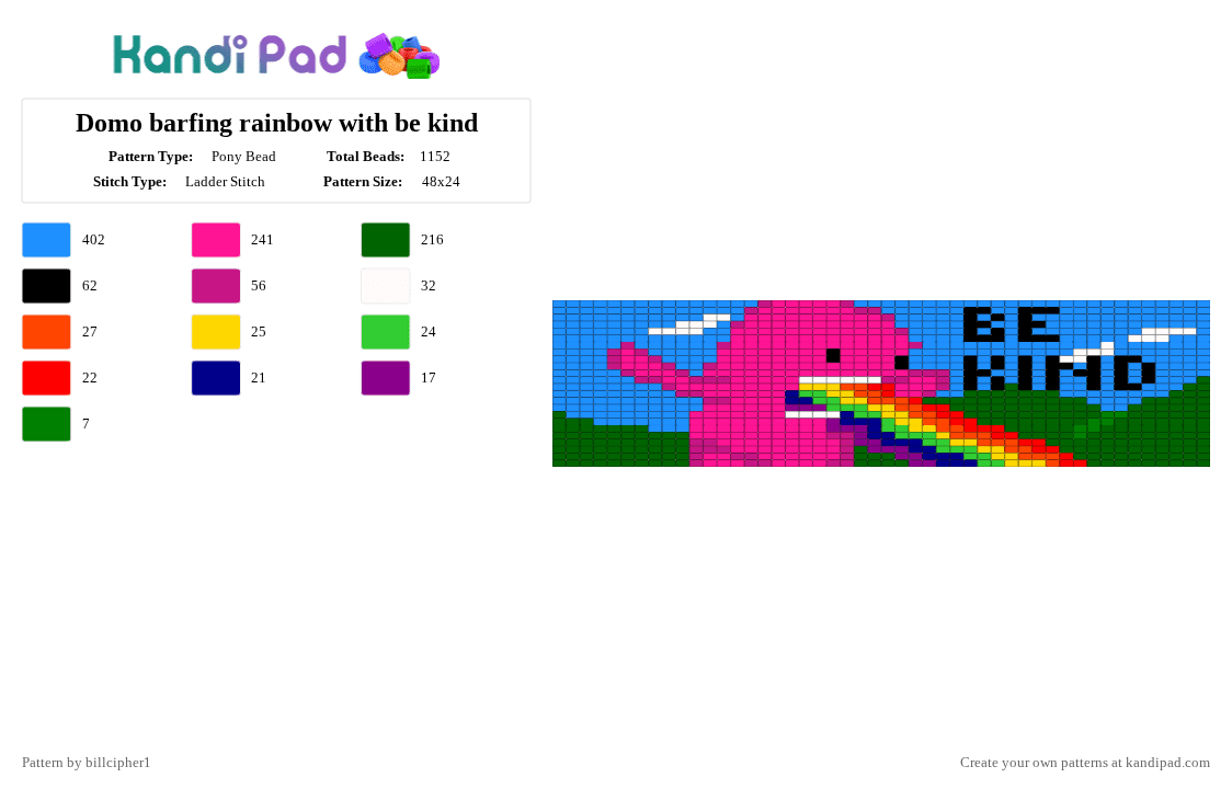 Domo barfing rainbow with be kind - Pony Bead Pattern by billcipher1 on Kandi Pad - pink,green,light blue