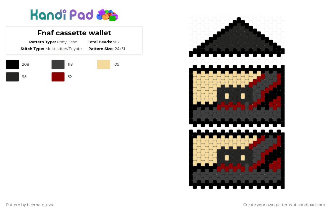 Fnaf cassette wallet - Pony Bead Pattern by beemare_uwu on Kandi Pad - black,beige,red