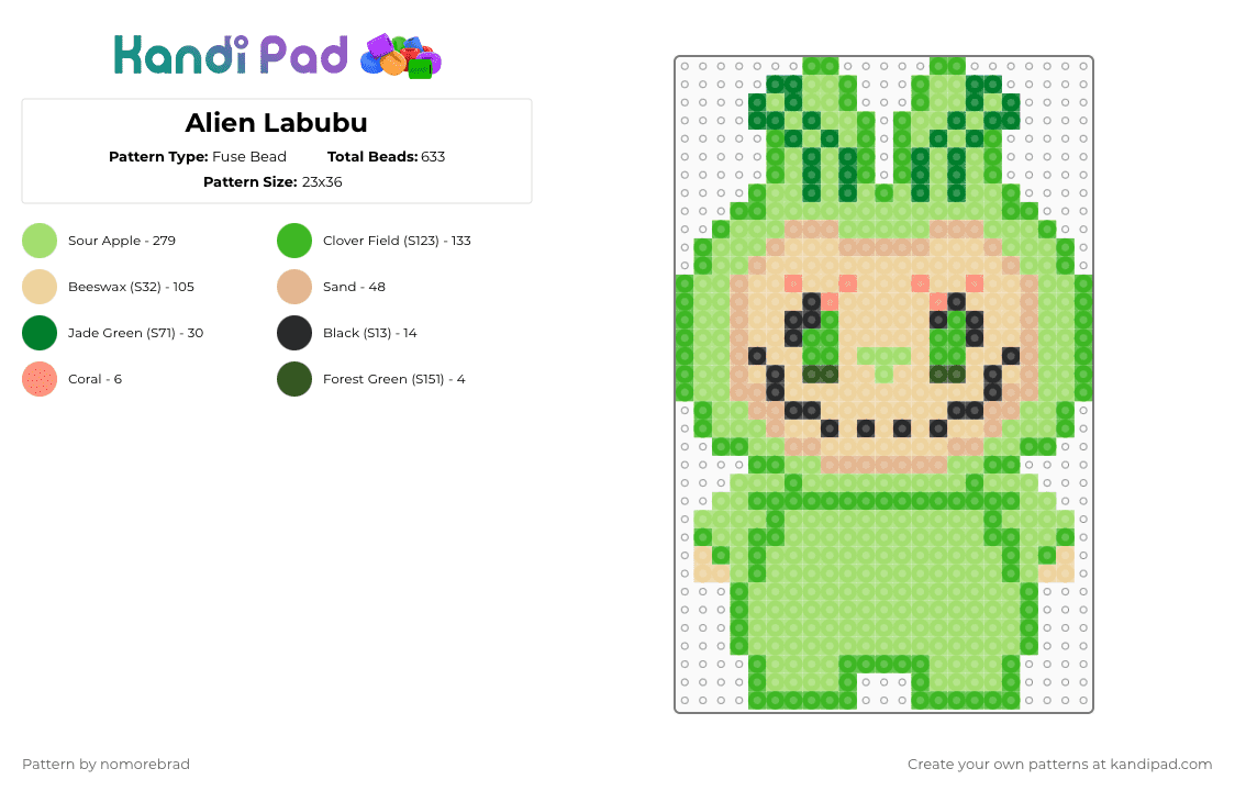 Alien Labubu - Fuse Bead Pattern by nomorebrad on Kandi Pad - green,beige,labubu,alien