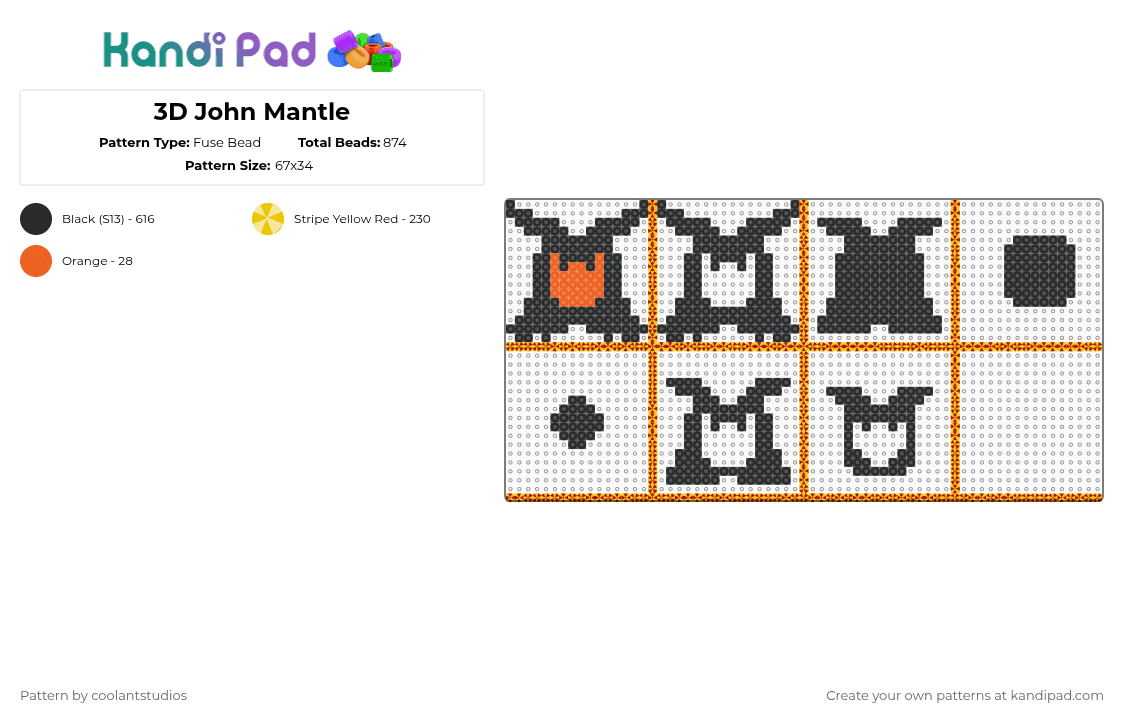 3D John Mantle - Fuse Bead Pattern by coolantstudios on Kandi Pad - black,yellow,eram,deltarune,3d