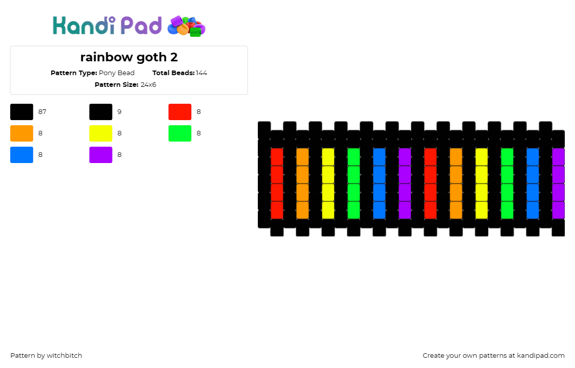 rainbow goth 2 - Pony Bead Pattern by witchbitch on Kandi Pad - rainbows,goth,cuff,stripes