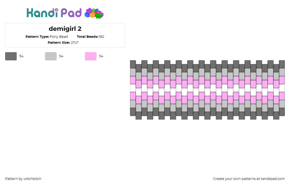 demigirl 2 - Pony Bead Pattern by witchbitch on Kandi Pad - demigirl,pride,cuff,horizontal,stripes,pink,gray