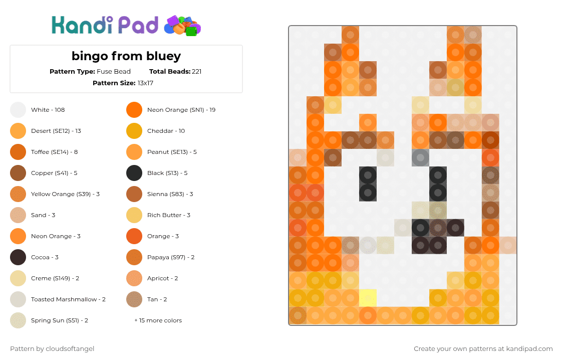 bingo from bluey - Fuse Bead Pattern by cloudsoftangel on Kandi Pad - white,orange,beige