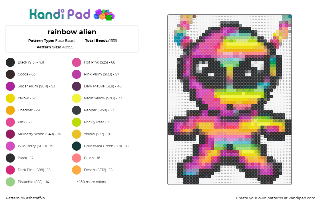 rainbow alien - Fuse Bead Pattern by ashstaffxo on Kandi Pad - alien,extraterrestrial,neon,colorful,cute,pink,yellow