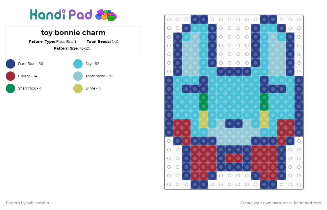 toy bonnie charm - Fuse Bead Pattern by aokilapisfan on Kandi Pad - blue,light blue,fnaf,charm,toy bonnie,bonnie,fnaf 2