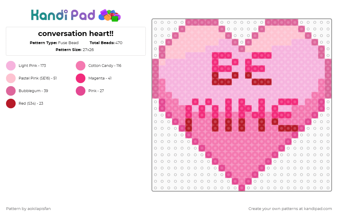 conversation heart!! - Fuse Bead Pattern by aokilapisfan on Kandi Pad - pink,charm,candy heart,valentines day