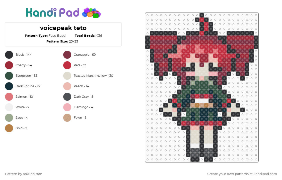 voicepeak teto - Fuse Bead Pattern by aokilapisfan on Kandi Pad - red,beige,brown,teto,kasane teto,voicepeak