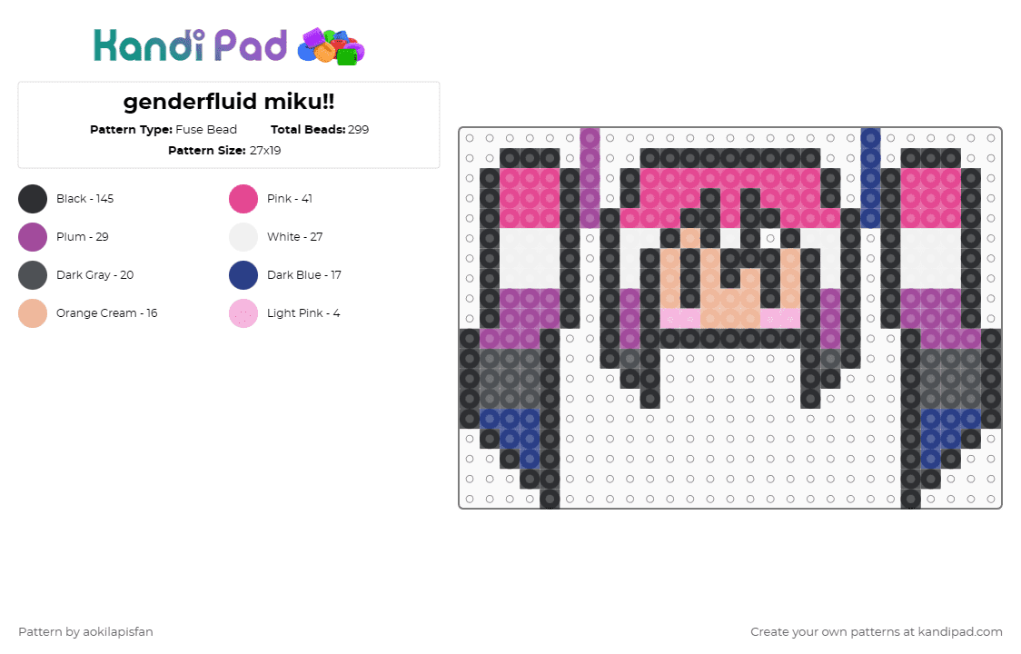 genderfluid miku!! - Fuse Bead Pattern by aokilapisfan on Kandi Pad - black,pink,miku,hatsune,hatsune miku,vocaloid,genderfluid,pride