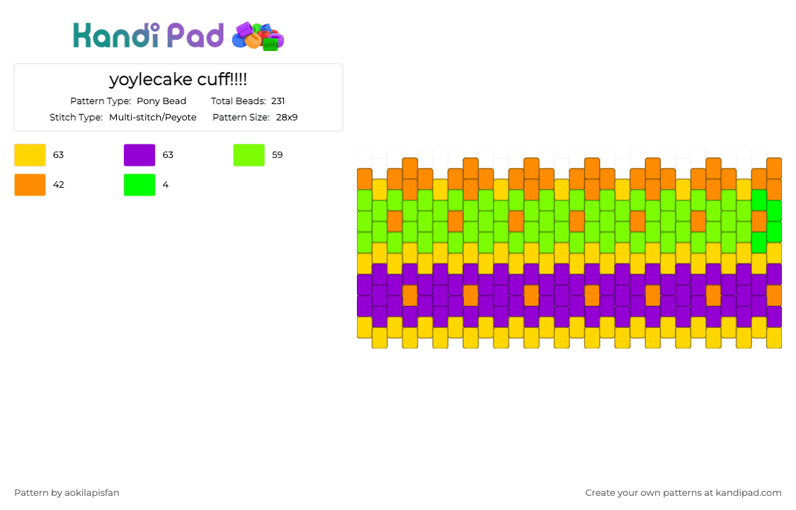 yoylecake cuff!!!! - Pony Bead Pattern by aokilapisfan on Kandi Pad - bfdi, cuff, green, purple, yellow, yoylecake