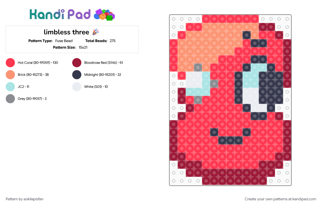 limbless three 🎉 - Fuse Bead Pattern by aokilapisfan on Kandi Pad - bfdi, charm, osc, red, three, tpot