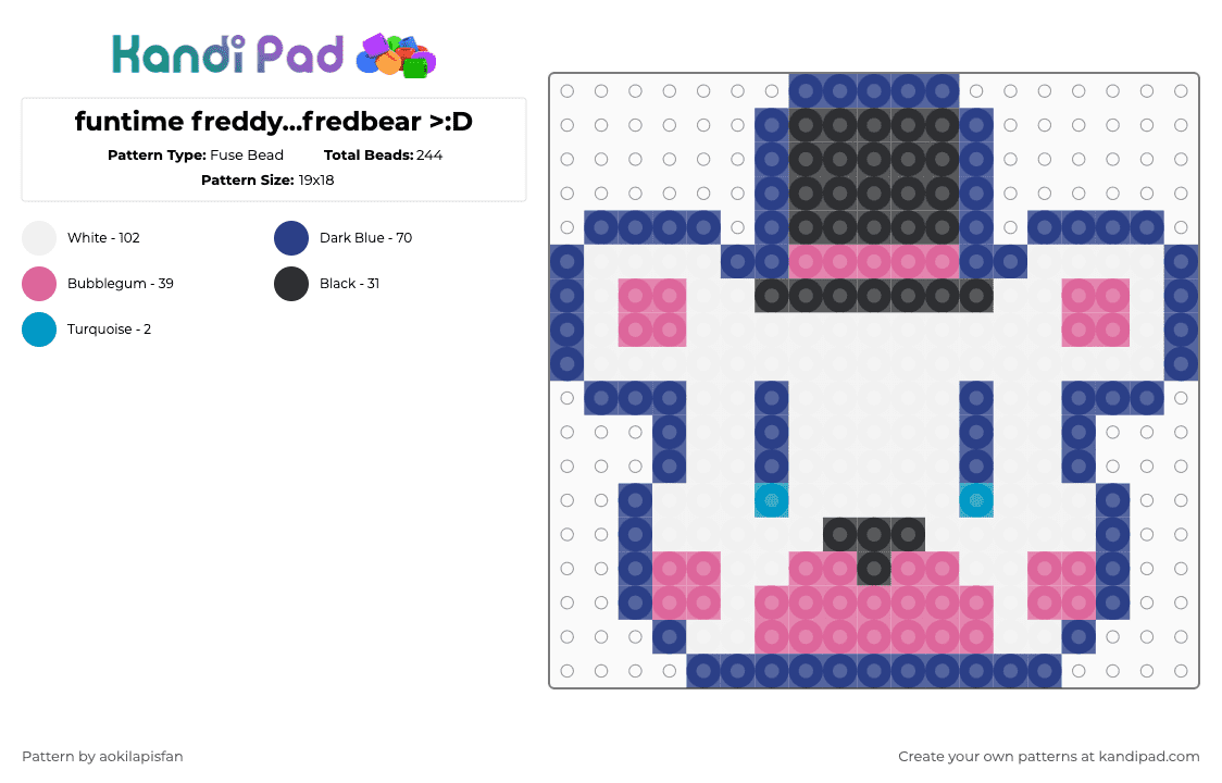 funtime freddy...fredbear >:D - Fuse Bead Pattern by aokilapisfan on Kandi Pad - pink,blue,fnaf,fnaf sl,funtime freddy,freddy,charm