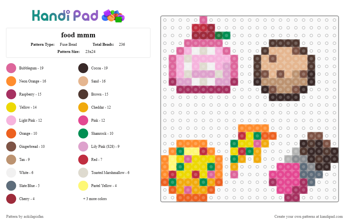 food mmm - Fuse Bead Pattern by aokilapisfan on Kandi Pad - orange,pink,beige,brown,food,charms,cake,pizza,cookie