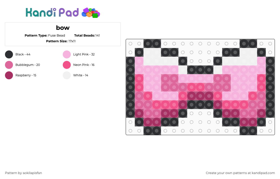 bow - Fuse Bead Pattern by aokilapisfan on Kandi Pad - pink,hairbow,bow,ribbon,clip