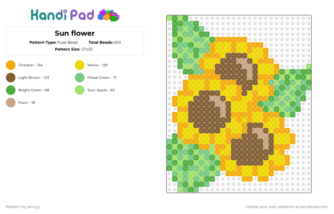 Sun flower - Fuse Bead Pattern by jennyy on Kandi Pad - green,orange,tan,yellow