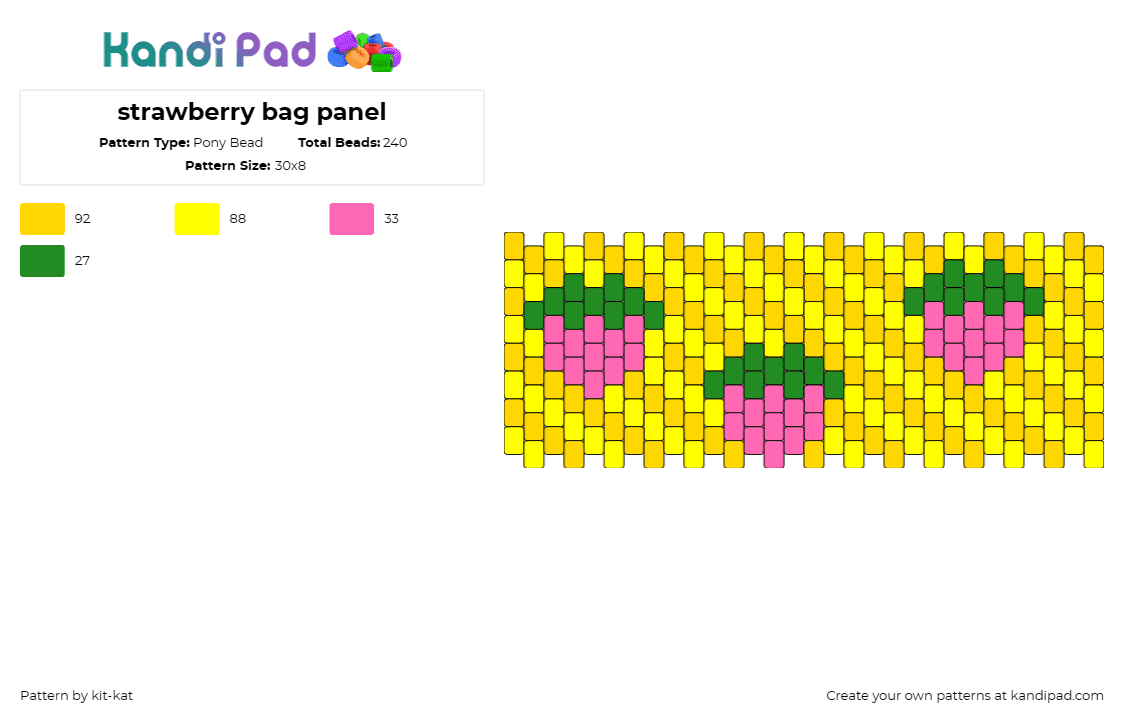 strawberry bag panel - Pony Bead Pattern by kit-kat on Kandi Pad - strawberries,fruit,summer sweetness,fruity flair,bag panel,pink,green,yellow