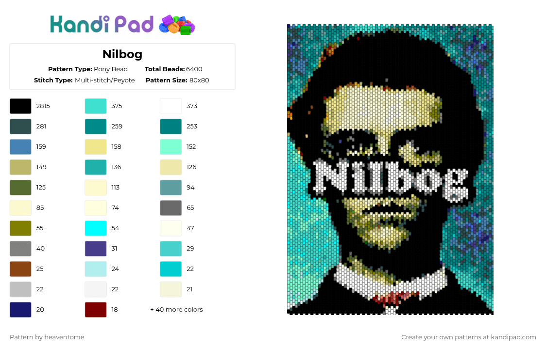 Nilbog - Pony Bead Pattern by heaventome on Kandi Pad - black,teal,light blue,gold,yellow,colorful,tylerthecreator,nilbog,goblin