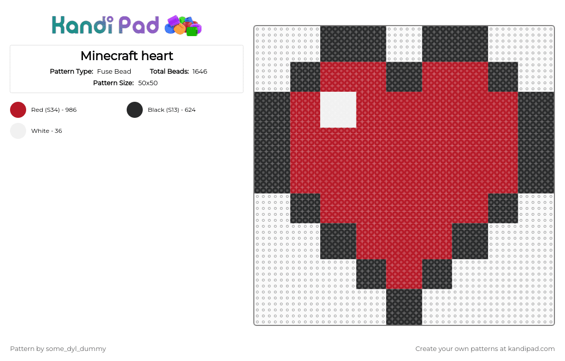 Minecraft heart - Fuse Bead Pattern by some_dyl_dummy on Kandi Pad - red