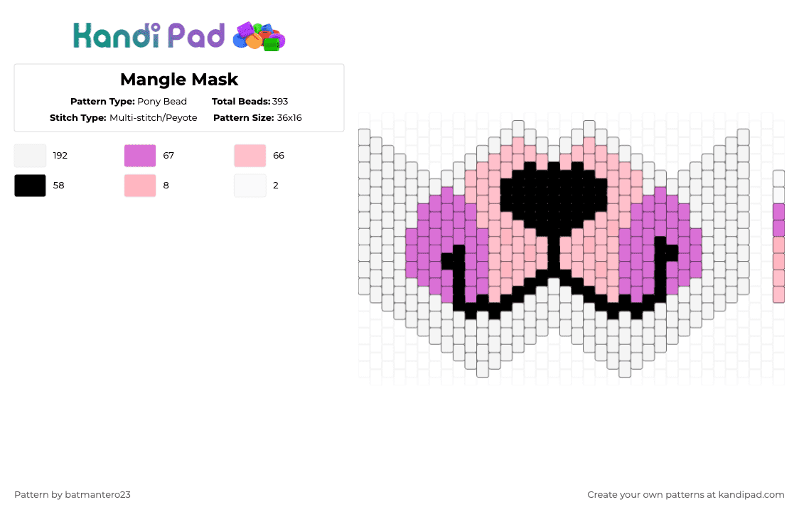 Mangle Mask - Pony Bead Pattern by batmantero23 on Kandi Pad - white,pink