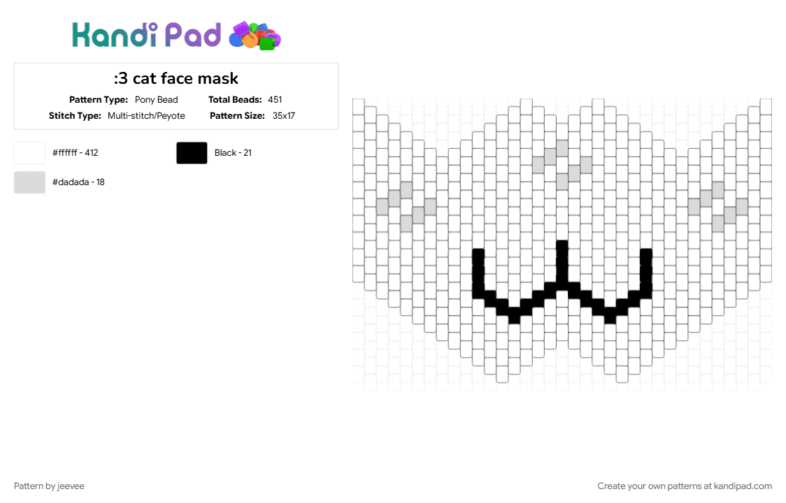 :3 cat face mask - Pony Bead Pattern by jeevee on Kandi Pad - 3, animal, cat, cat face, cute, face, mask, meow, white