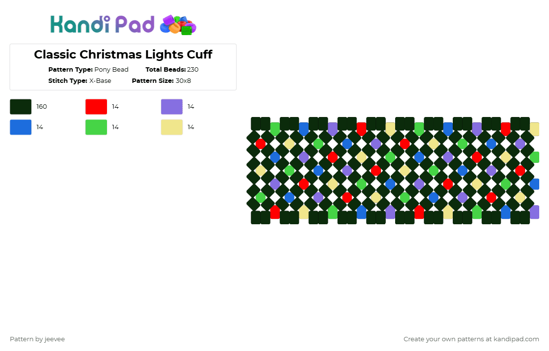 Rainbow Christmas Lights Cuff - Pony Bead Pattern by jeevee on Kandi Pad - black,blue,christmas,lights,red,green,purple,yellow,rainbow