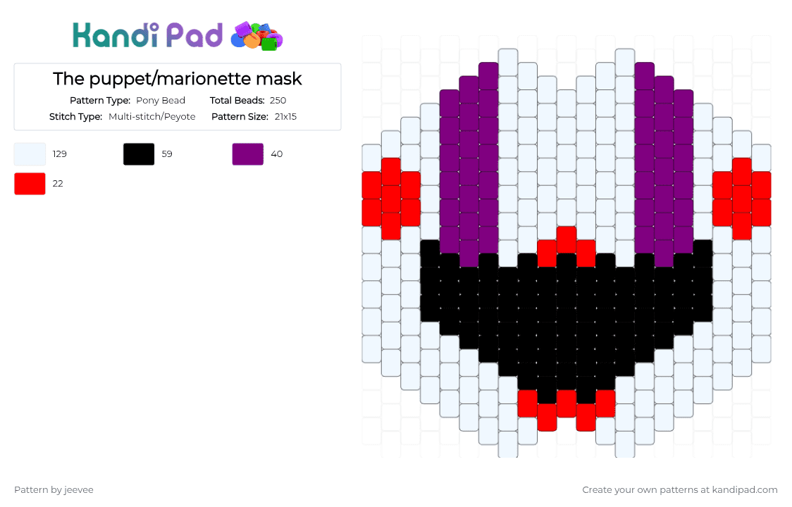 The puppet/marionette mask - Pony Bead Pattern by jeevee on Kandi Pad - white,red,pink,fnaf,the puppet,the marionette,mask,five nights at freddys,cosplay,puppet,marionette