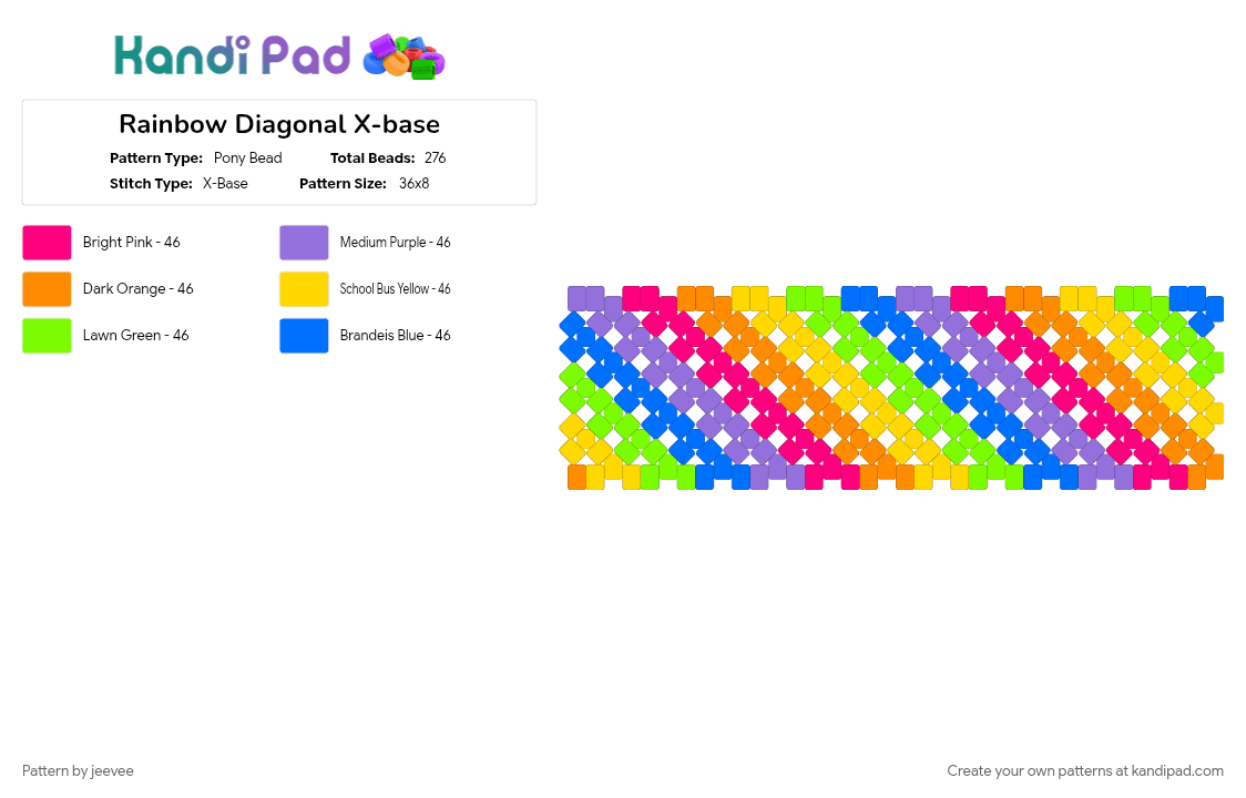 Rainbow Diagonal X-base - Pony Bead Pattern by jeevee on Kandi Pad - blue, colorful, diagnonal stripes, purple, rainbow, yellow