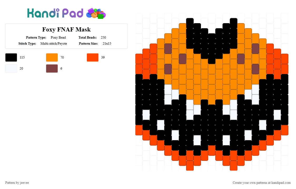 Foxy FNAF Mask - Pony Bead Pattern by jeevee on Kandi Pad - red,orange,foxy,fnaf,mask,fnaf 1,five nights at freddys,foxy the pirate fox,animatronic,horror game