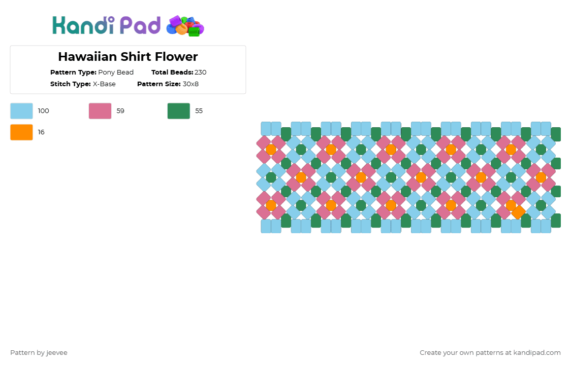 Hawaiian Shirt Flower Cuff - Pony Bead Pattern by jeevee on Kandi Pad - pink,light blue,green,cuff,hawaiian,hawaiian print,hawaiian shirt,flower,xbase,hawaiian flower,coral
