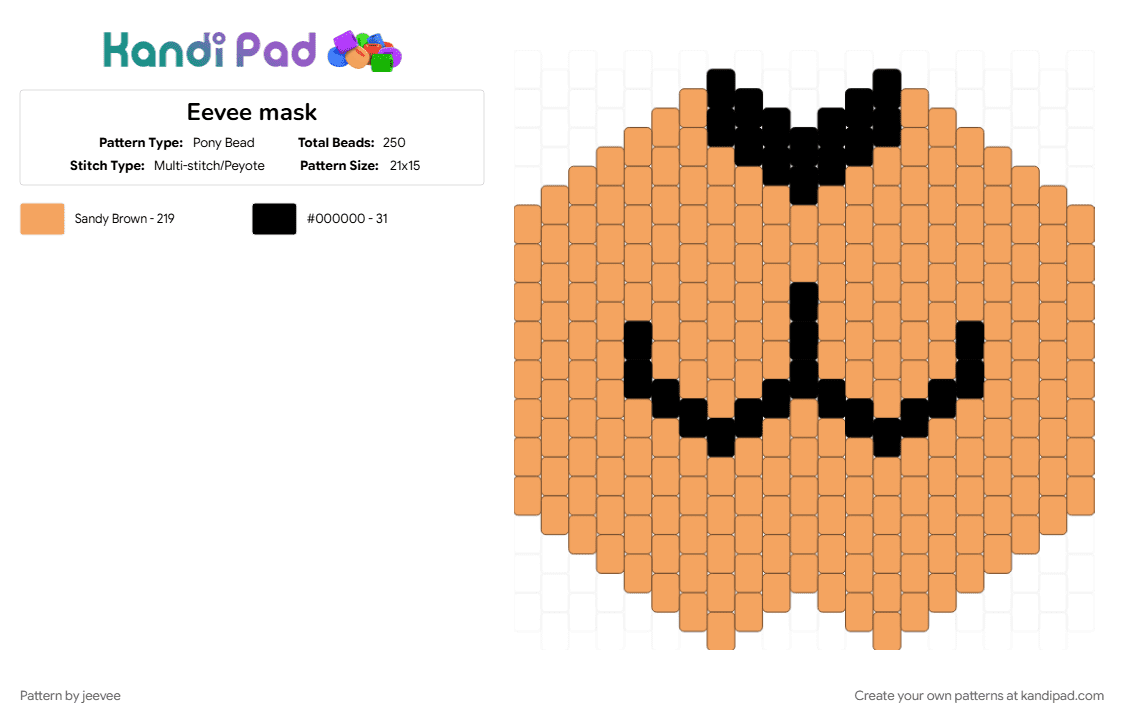 Eevee mask - Pony Bead Pattern by jeevee on Kandi Pad - cat face, cute, eevee, face mask, gen 1, mask, normal type, orange, pokemon