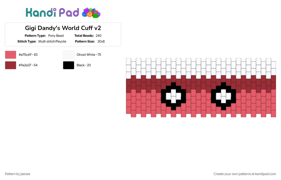 Gigi Dandy\'s World Cuff - Pony Bead Pattern by jeevee on Kandi Pad - character, dandys world, gigi, gigi dandys world, red, roblox, roblox dandysworld, toon, video game, white