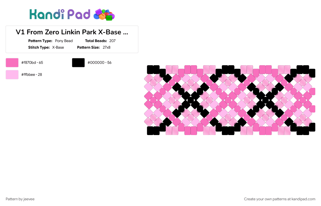 From Zero Linkin Park X-Base Cuff - Pony Bead Pattern by jeevee on Kandi Pad - album, album cover, band, black, linkin park, music, nu metal, pink, pink and black, rock