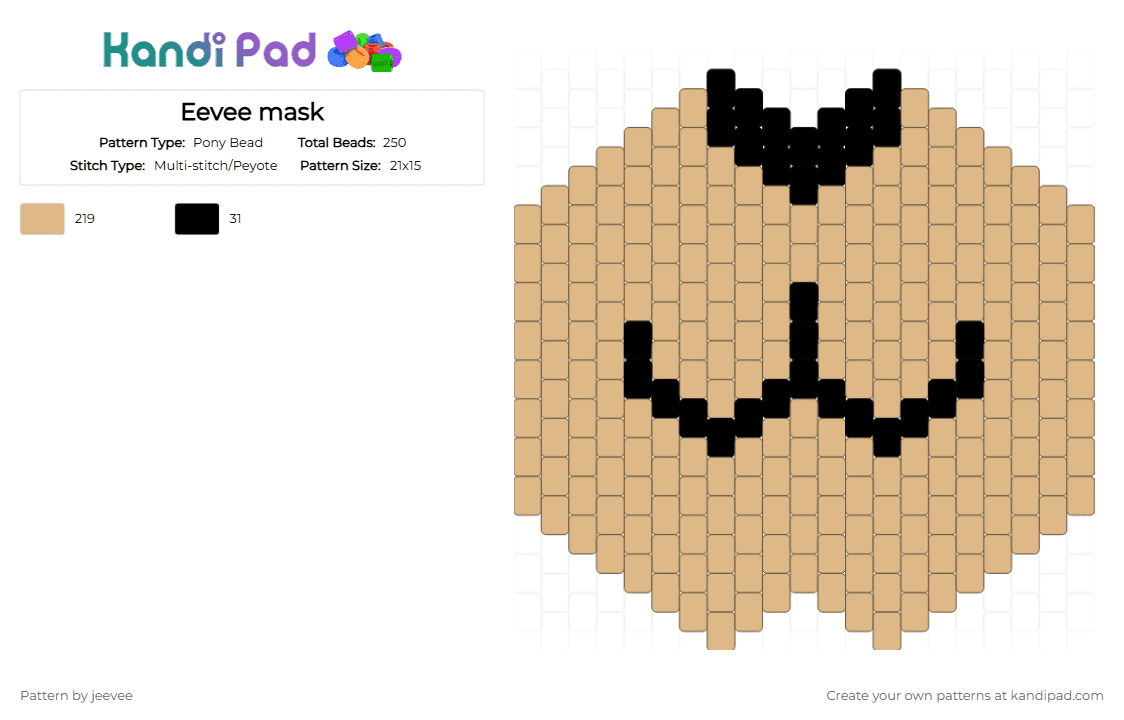 Eevee mask - Pony Bead Pattern by jeevee on Kandi Pad - beige, cat face, cute, eevee, face mask, gen 1, mask, normal type, pokemon