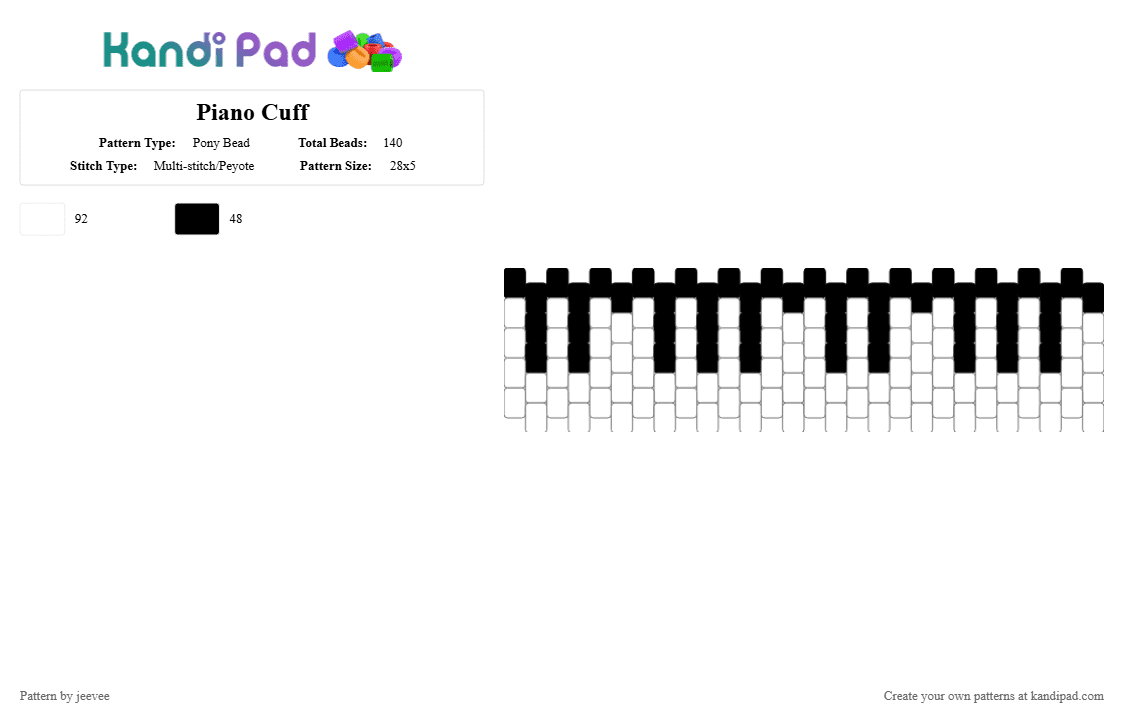 Piano Cuff - Pony Bead Pattern by jeevee on Kandi Pad - black,white,piano,cuff,music,keyboard,keys,instrument