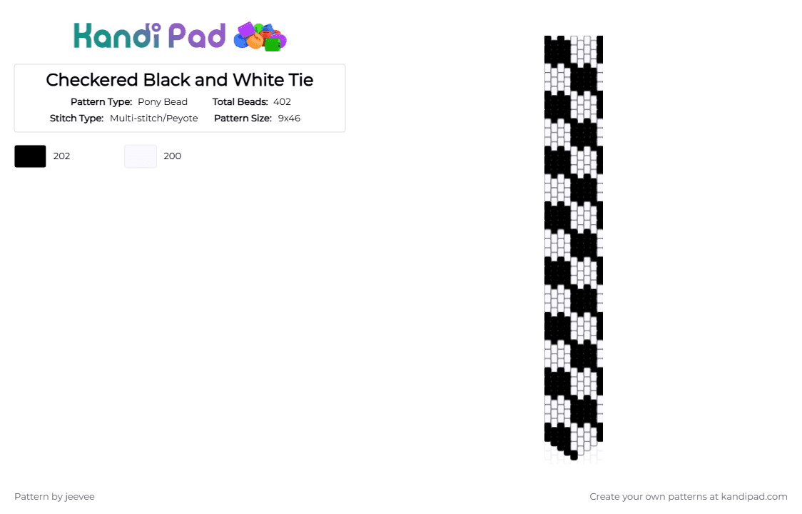 Checkered Black and White Tie - Pony Bead Pattern by jeevee on Kandi Pad - black, checkered, peyote, peyote stitch, tie, white