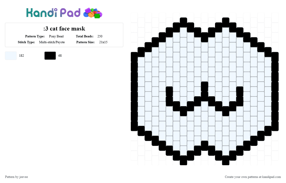 :3 cat face mask - Pony Bead Pattern by jeevee on Kandi Pad - black,white,mask,cute,cat face,cat,3