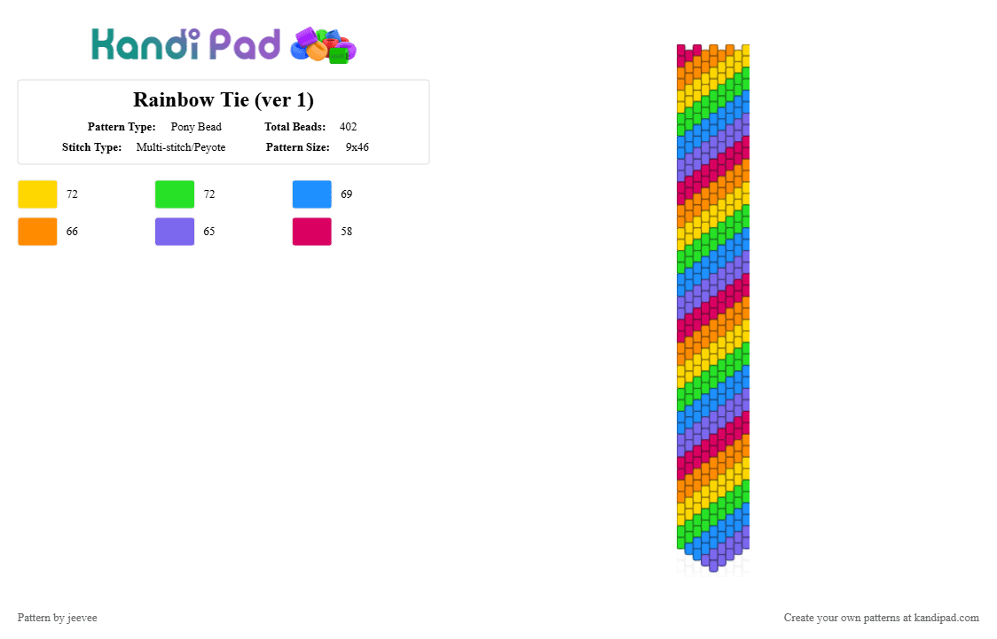 Rainbow Tie - Pony Bead Pattern by jeevee on Kandi Pad - blue, colorful, green, hot pink, light blue, orange, purple, rainbow, tie, yellow