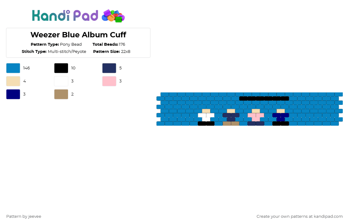 Weezer Blue Album Cuff - Pony Bead Pattern by jeevee on Kandi Pad - light blue,weezer,blue,album,memes,music,cuff
