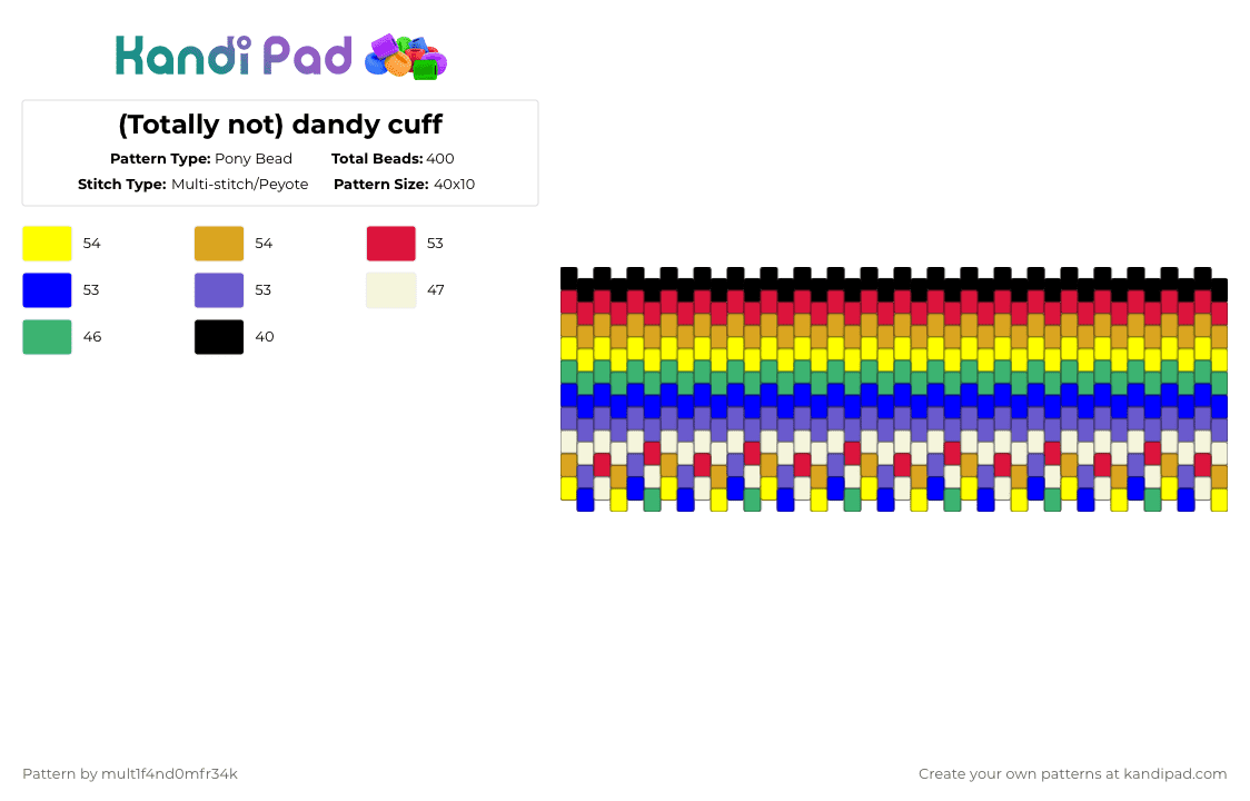 (Totally not) dandy cuff - Pony Bead Pattern by mult1f4nd0mfr34k on Kandi Pad - yellow,purple,colorful